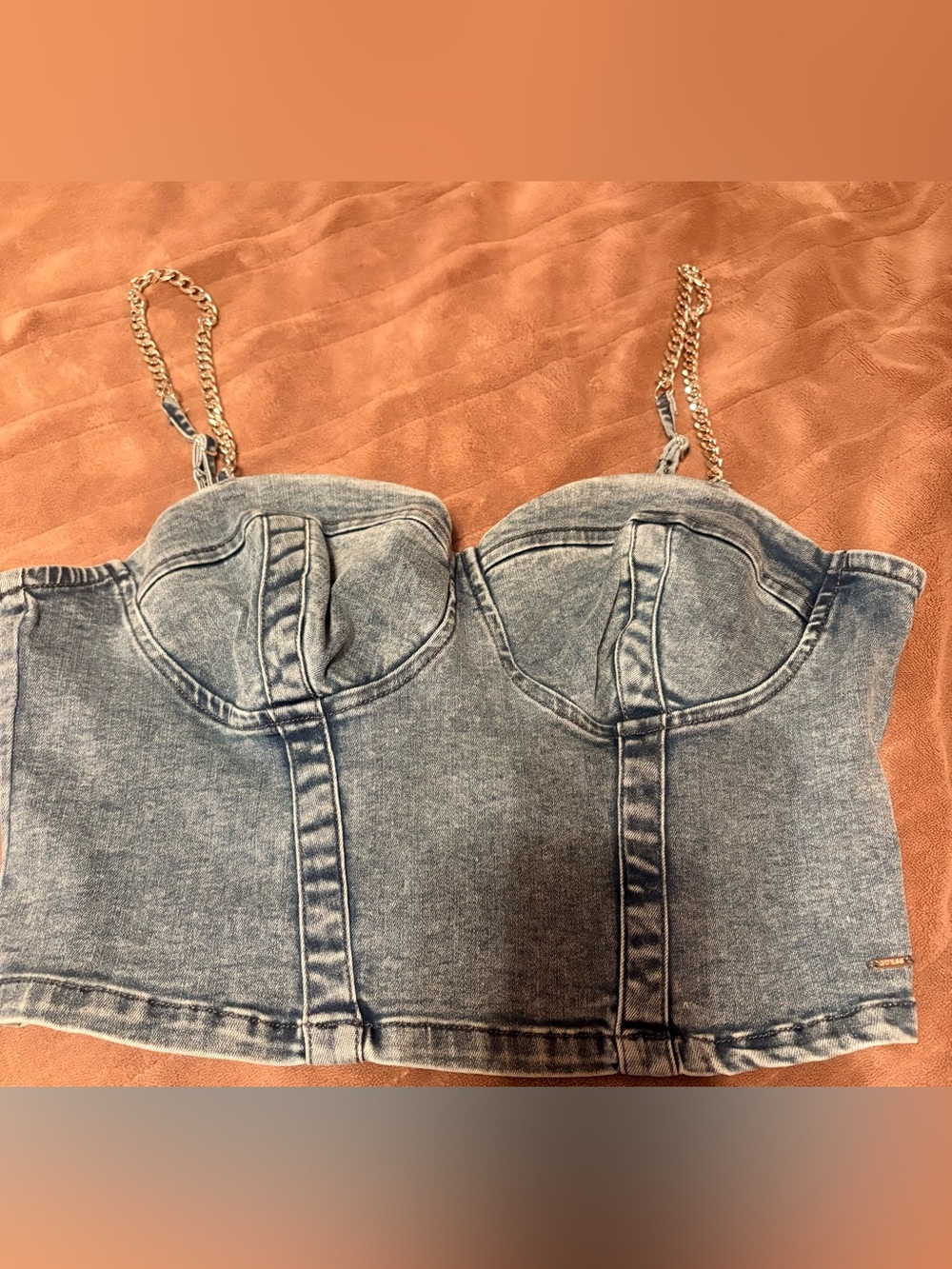 GUESS Light Blue Denim Bustier Crop Top Chain Straps L NEW WITH TAGS